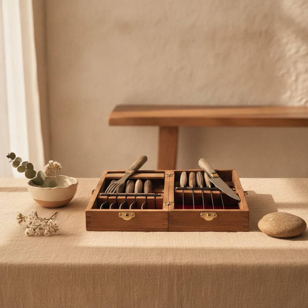 Box de madera x 6 juegos de cubiertos de mesa