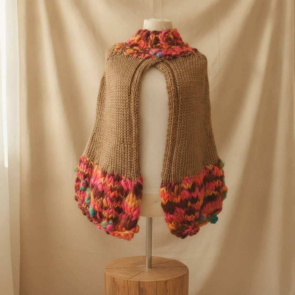 Poncho de lana abierto unitono con detalles de lana en colores