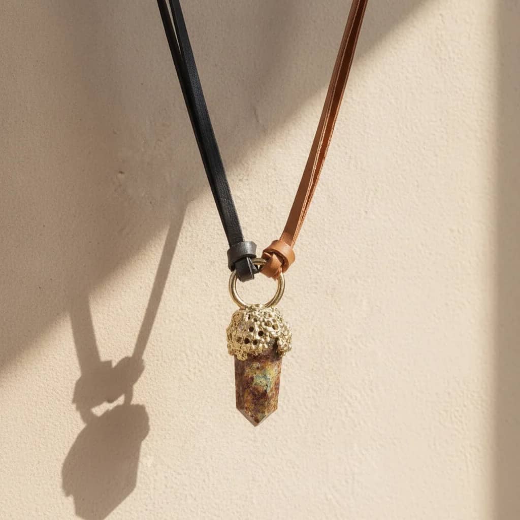 Colgante de bronce con cuarzo y cuero
